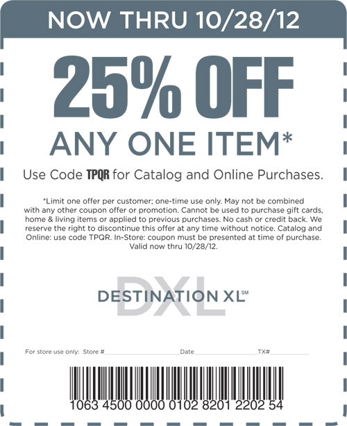 Destination XL: 25% off Printable Coupon