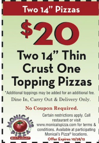 Monical's Pizza: 2 Pizzas for $20 Printable Coupon