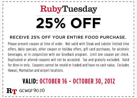 Ruby Tuesdays: 25% off Printable Coupon