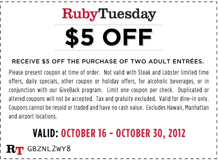 Ruby Tuesdays: $5 off Entrees Printable Coupon