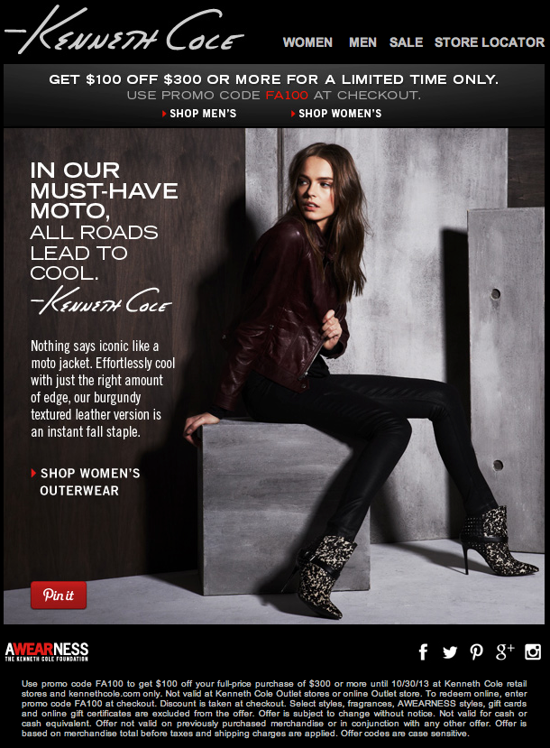 Kenneth Cole: $100 off $300 Printable Coupon