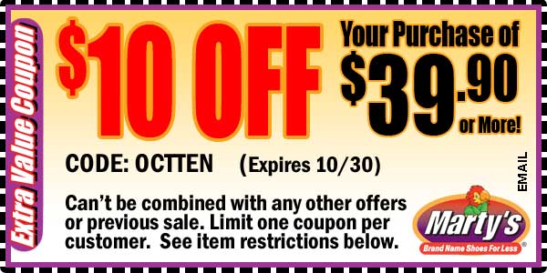 Marty's Shoes: $10 off $39.90 Printable Coupon