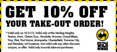 Buffalo Wild Wings: 10% off Take-Out Printable Coupon
