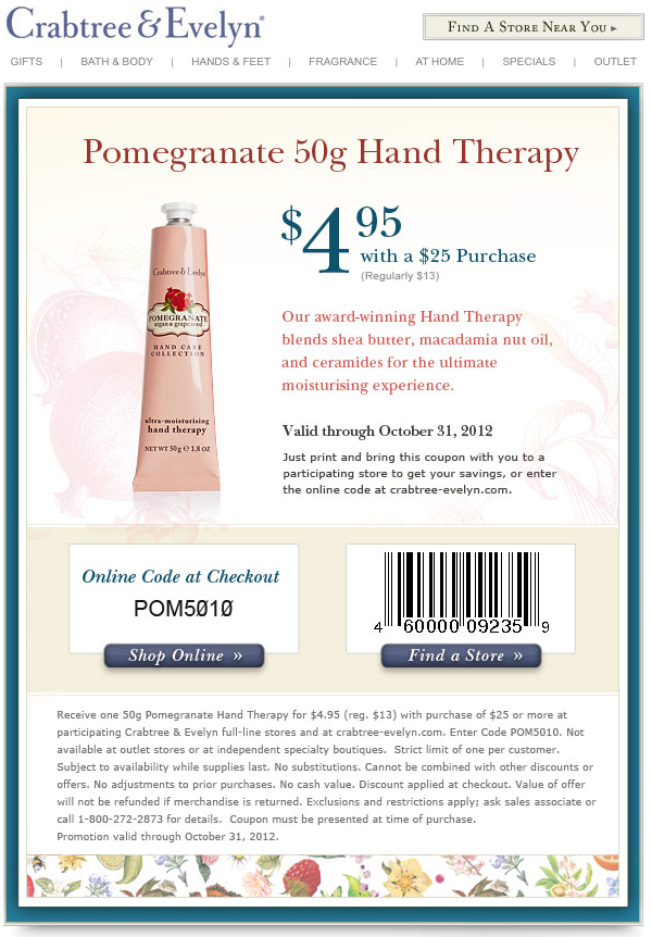 Crabtree & Evelyn: $4.95 Hand Therapy Printable Coupon