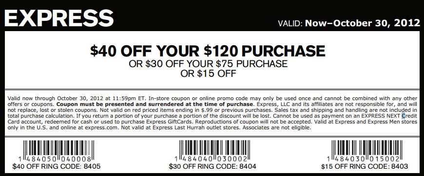 Express: $15-$40 off Printable Coupon