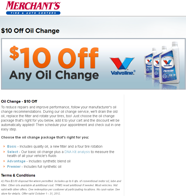 Merchant's Tire & Auto Centers: $10 off Oil Change Printable Coupon