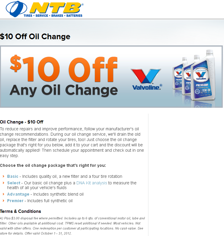 NTB Tire: $10 off Oil Change Printable Coupon