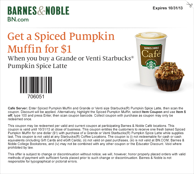 Barnes & Noble: $1 Spiced Pumpkin Latte Printable Coupon