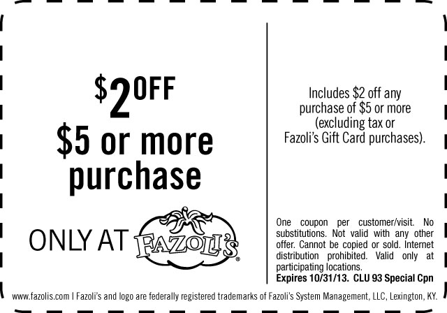 Fazolis: $2 off $5 Printable Coupon