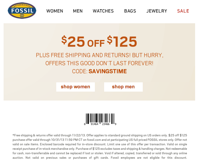 Fossil: $25 off $125 Printable Coupon