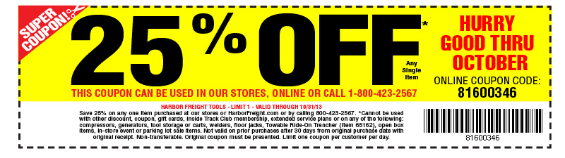 Harbor Freight Tools: 25% off Item Printable Coupon