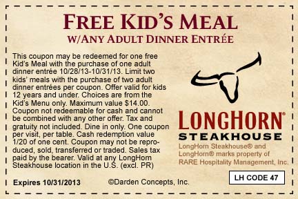 Longhorn Steakhouse: Free Kid's Meal Printable Coupon