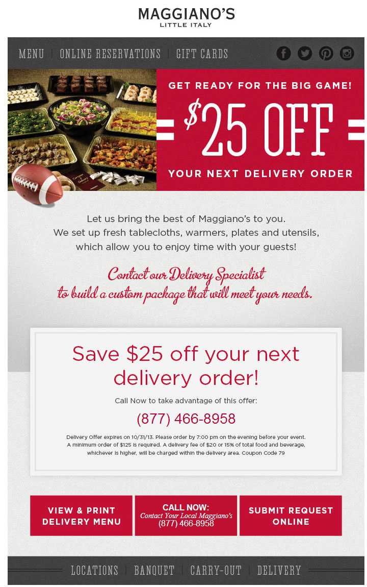 Maggianos: $25 off Delivery Printable Coupon