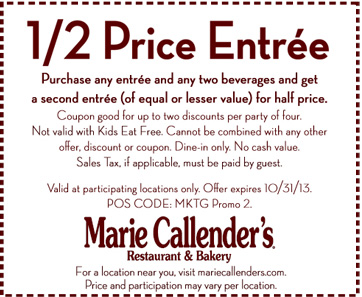 Marie Callender's: 1/2 Price Entree Printable Coupon