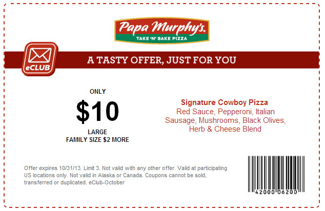 Papa Murphy's: $10 Cowboy Pizza Printable Coupon