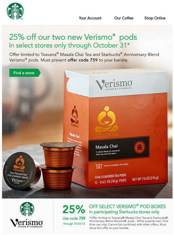 Starbucks: 25% off Verismo Pods Printable Coupon