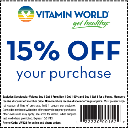 Vitamin World: 15% off Printable Coupon