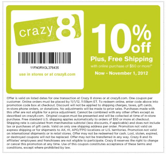 Crazy 8 Promo Coupon Codes and Printable Coupons