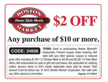 Boston Market: $2 off $10 Printable Coupon
