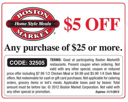 Boston Market: $5 off $25 Printable Coupon