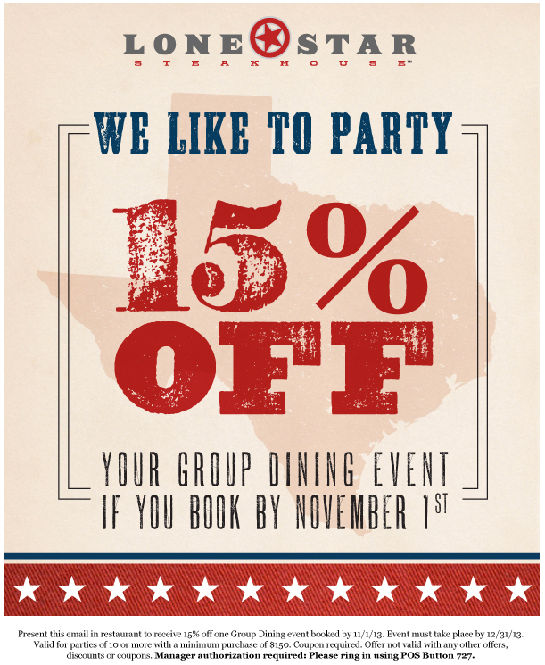 Lone Star Steakhouse: 15% off Group Printable Coupon