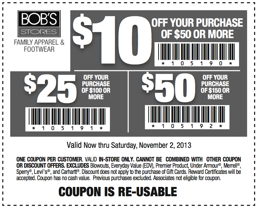Bob's Stores: $10-$50 off Printable Coupon