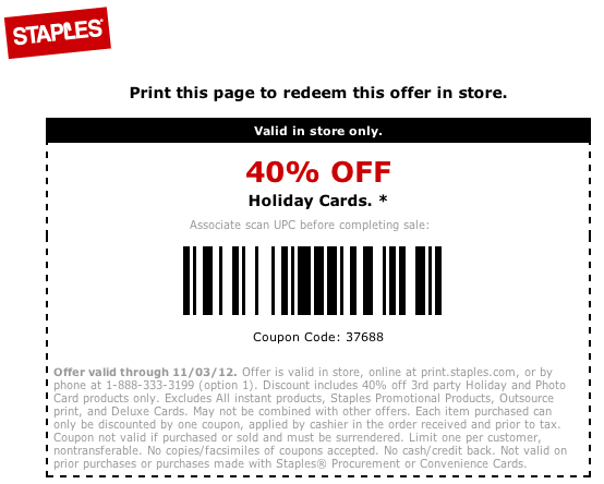 Staples: 40% off Holiday Cards Printable Coupon