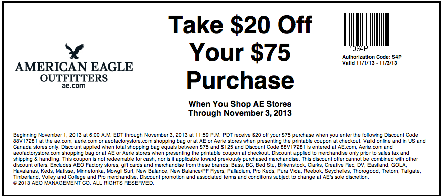 American Eagle Outfitters: $20 off $75 Printable Coupon