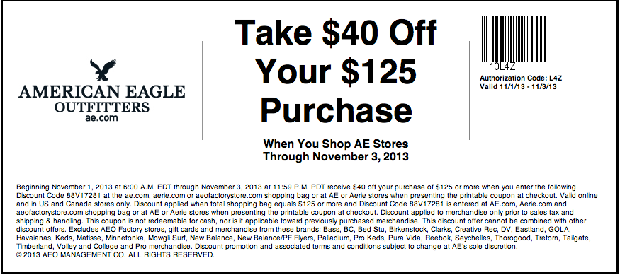 American Eagle Outfitters: $40 off $125 Printable Coupon
