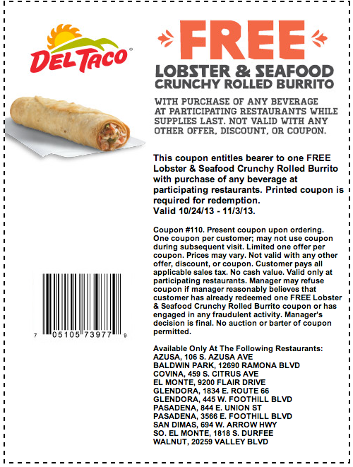 Del Taco: Free Lobster Burrito Printable Coupon