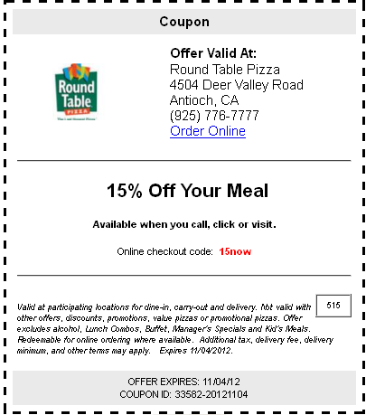 Round Table Pizza: 15% off Printable Coupon