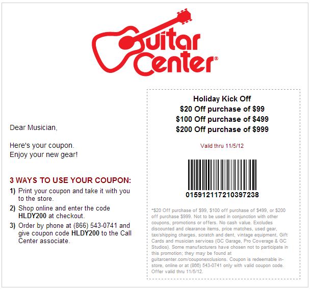 Guitar Center: $20-$200 off Printable Coupon