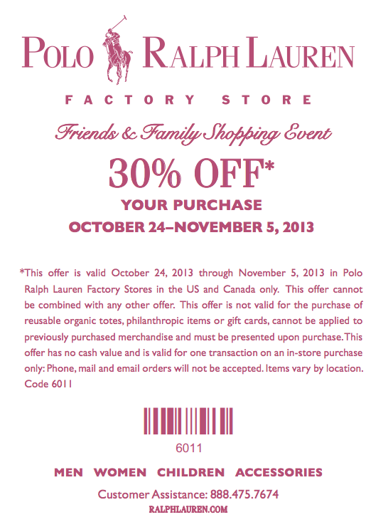 Ralph Lauren Factory Stores: 30% off Printable Coupon
