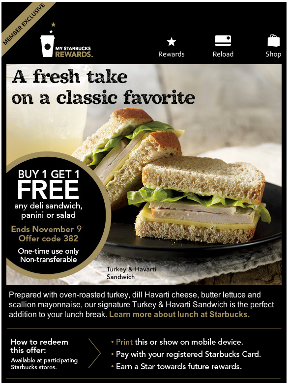 Starbucks: BOGO Free Sandwich Printable Coupon