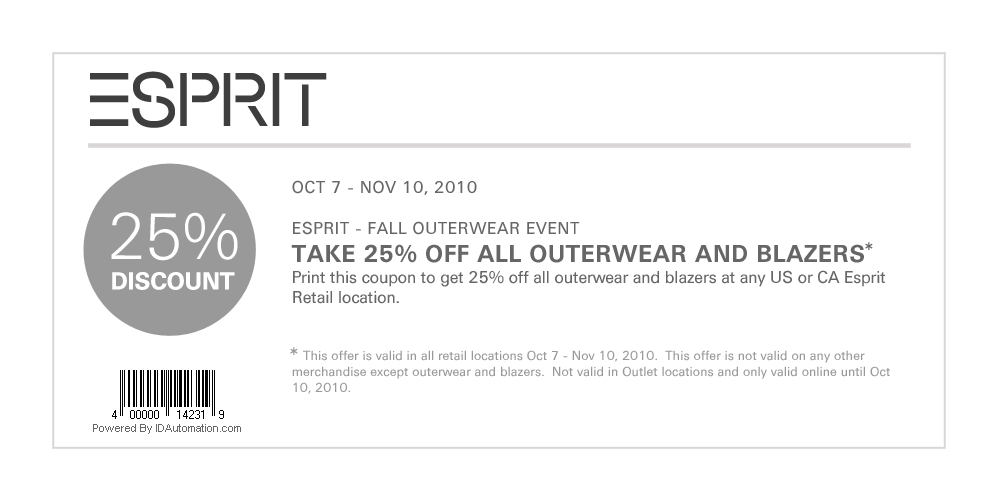 Esprit: 25% off all outwear and blazers coupon
