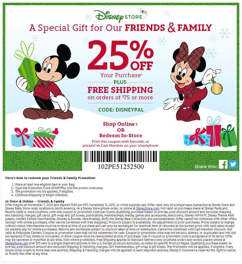 DisneyStore: 25% off Printable Coupon