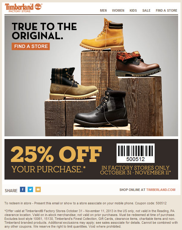 Timberland Factory Store: 25% off Printable Coupon