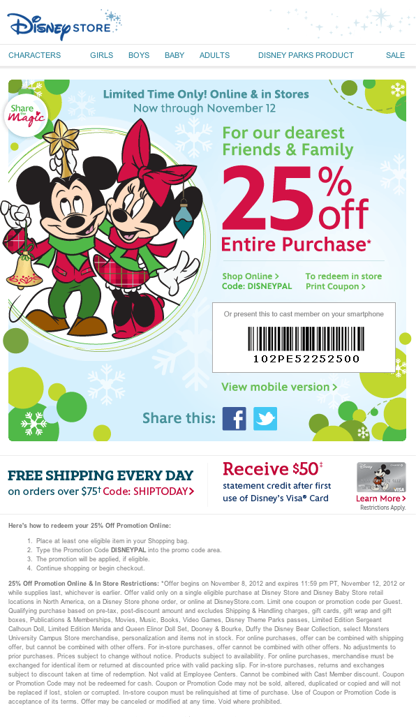 DisneyStore: 25% off Printable Coupon