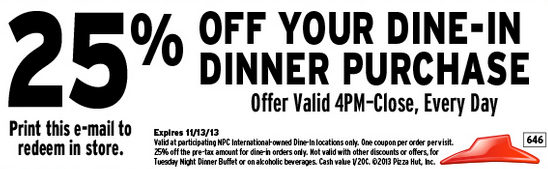 Pizza Hut: 25% off Dinner Printable Coupon