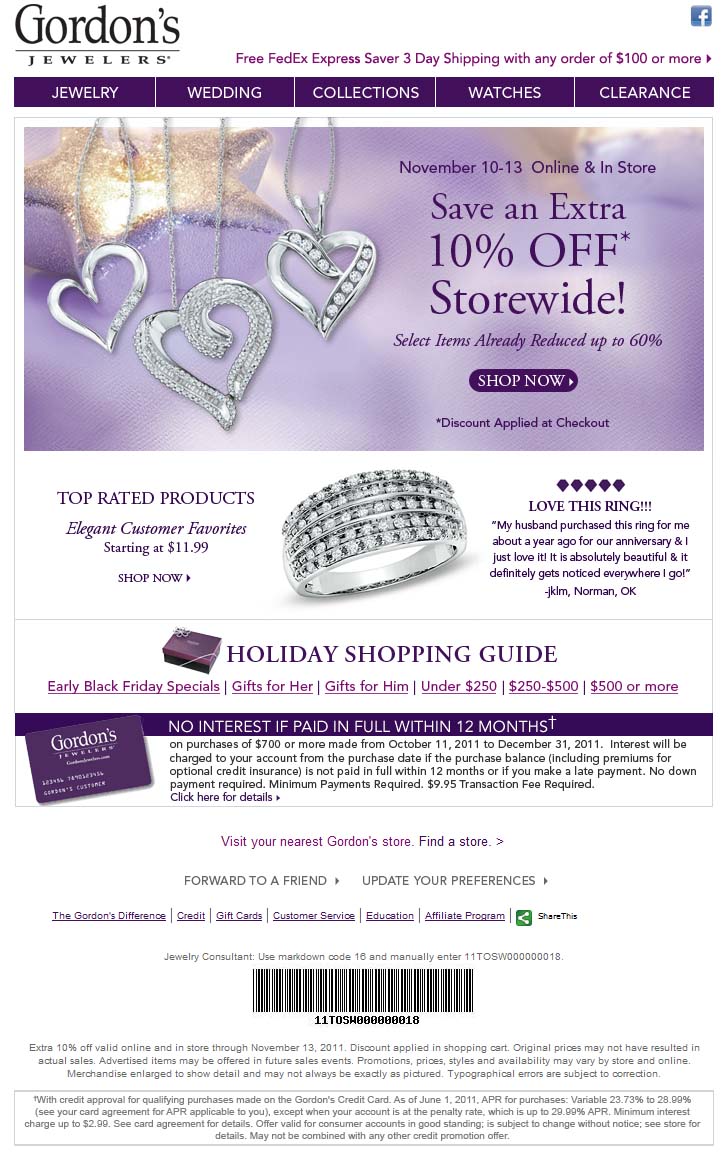 Gordon's Jewelers Promo Coupon Codes and Printable Coupons