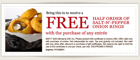 Teds Montana Grill: Free Onion Rings Printable Coupon