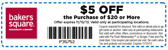Bakers Square: $5 off $20 Printable Coupon