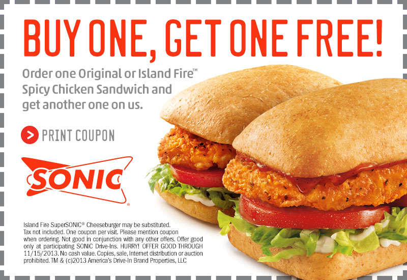 Sonic: BOGO Free Chicken Sandwich Printable Coupon