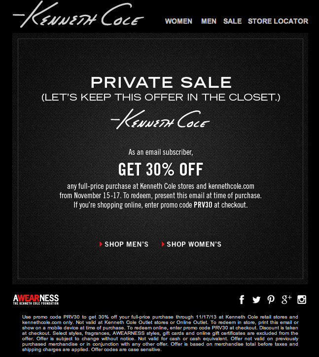 Kenneth Cole: 30% off Printable Coupon