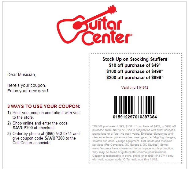 Guitar Center Promo Coupon Codes and Printable Coupons