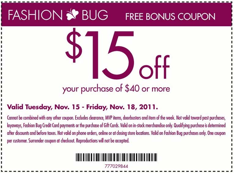 Fashion Bug: $15 off Printable Coupon