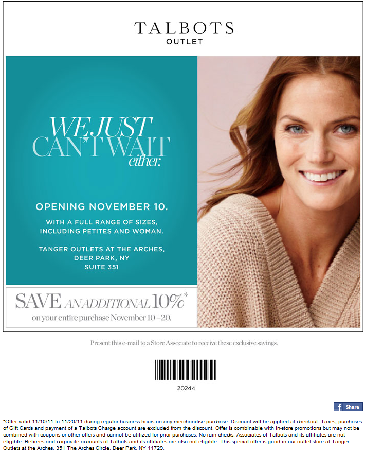 Talbots Outlet: 10% off Printable Coupon