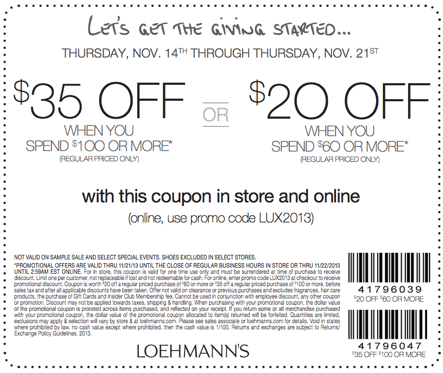 Loehmann's: $20-$35 off Printable Coupon