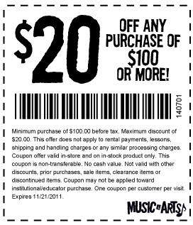 Music & Arts: $20 off $100 Printable Coupon