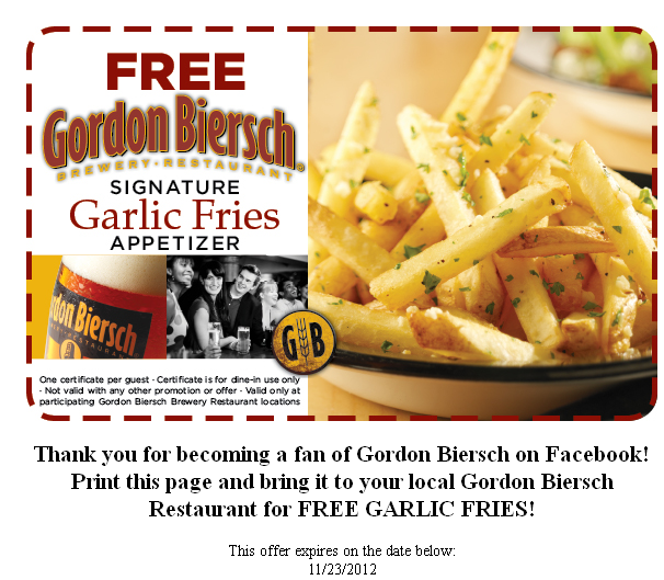 Gordon Biersch: Free Garlic Fries Printable Coupon